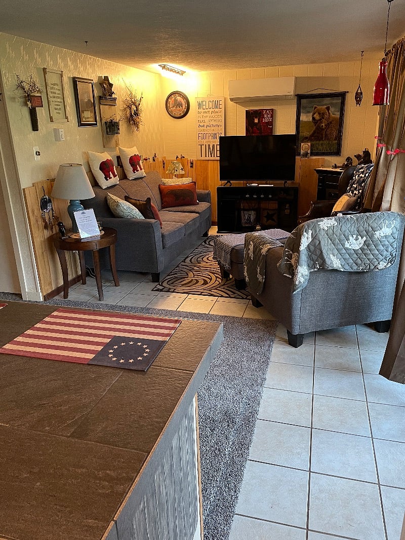 Living area with Smart Direct TV, AC, Electric Fireplace, Comfy Couch, and Chairs.