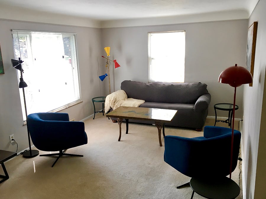 Comfy Cozy Living Room: Comfortable, modern living room with large smart TV perfect for relaxing after long shifts