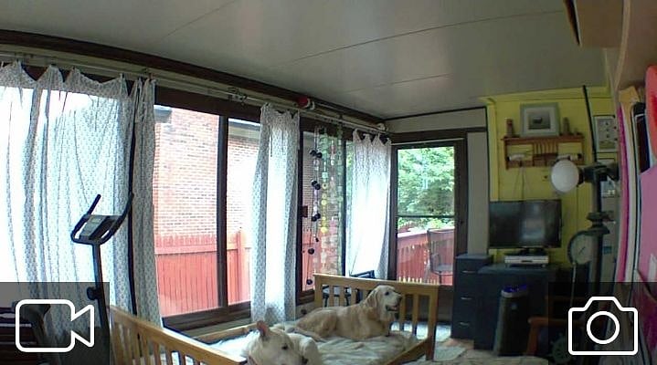Expanded view of patio with eg of bed for dogs or human with better bedding available. Protective mattress pad.
Exit to the right onto small walkway deck into main yard with privacy fence. Exit to the left (not pictured) to the dog area with fake turf, stone walkway meeting a gate to the main area.