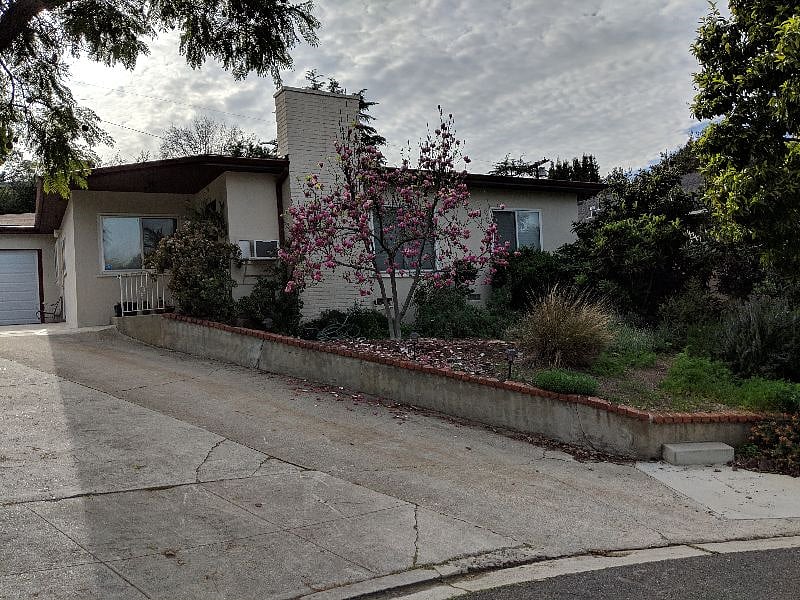 Front of the house with a blooming magnolia tree, lavender, rosemary and loquat trees.