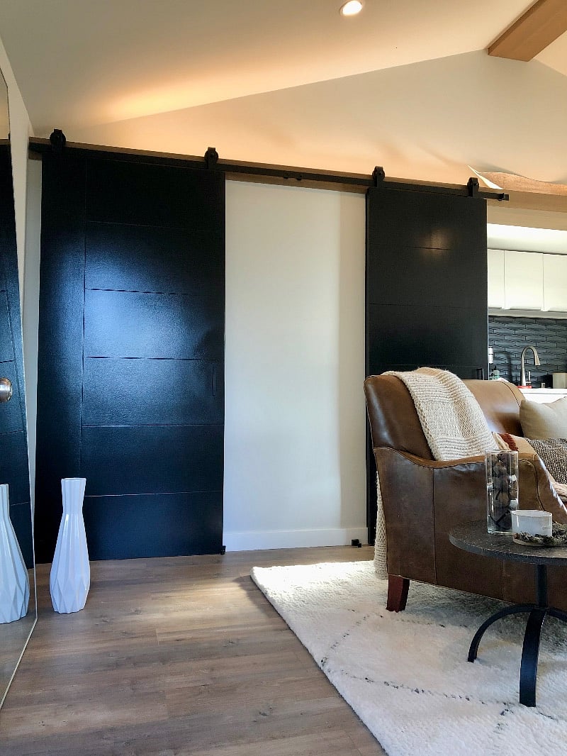View from main entrance with 2 barn doors closing off bathroom and washer+dryer closet