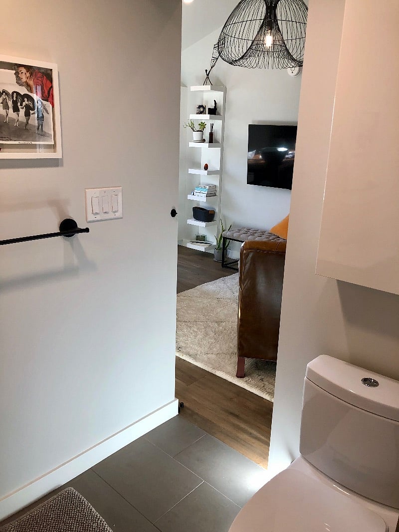 Bathroom view back into living room