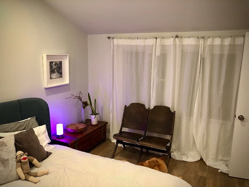 Light-filtering curtains - skylights are not covered. We can supply a comfortable eye mask for proper black-out