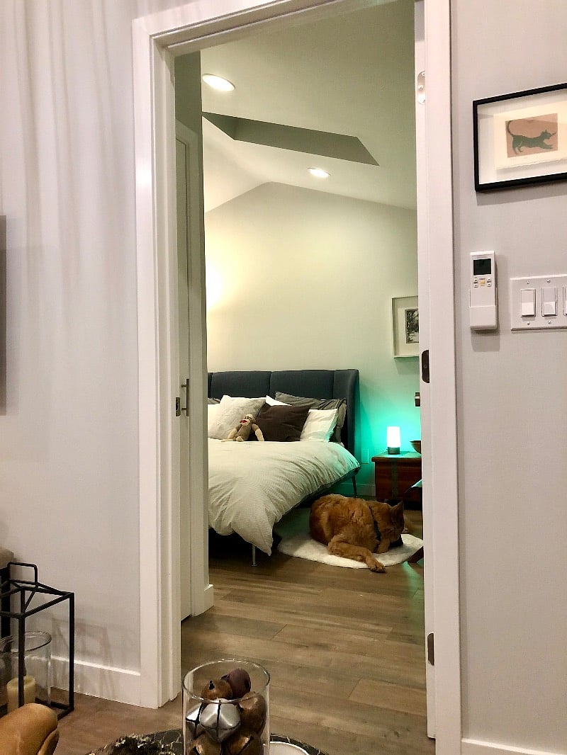 View from living room towards bedroom; both rooms have vaulted ceilings and lights with dimmers