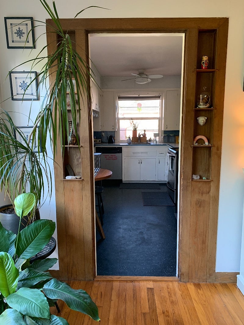 A view from the living room into the kitchen.