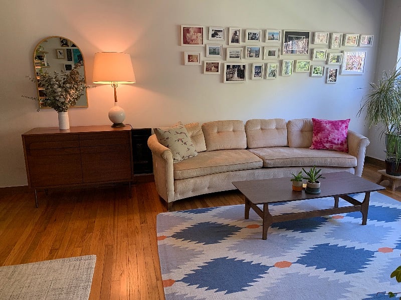 Vintage furnishings and textiles designed by local artist Chloe Cox. 