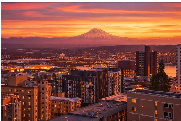Sunset view from living room of Mt Rainier & city skyline!