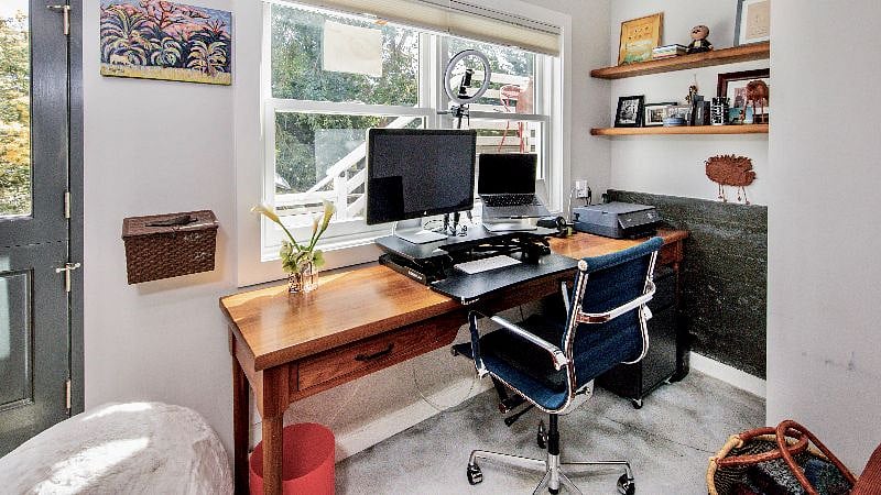 Bottom floor workstation with views of the back garden.