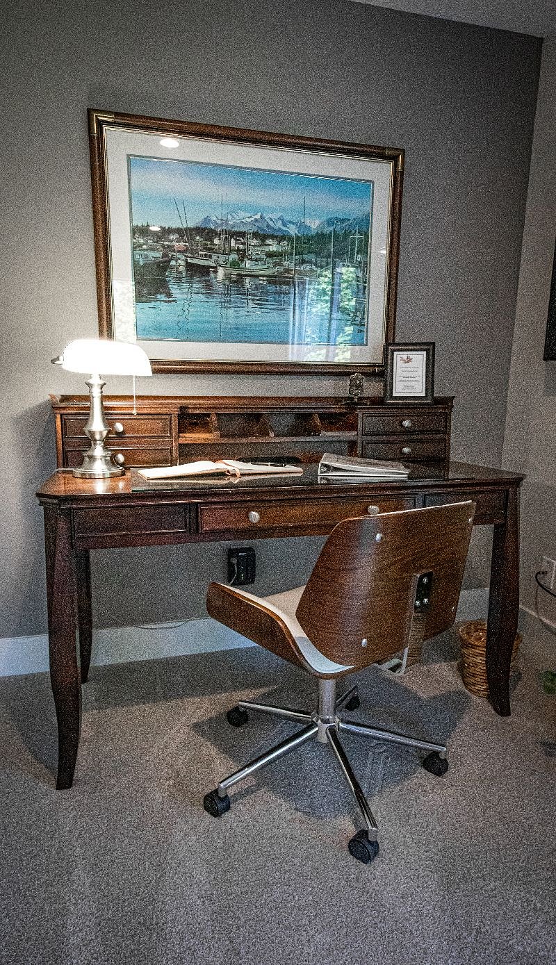 bedroom desk area. TV off camera to the right.