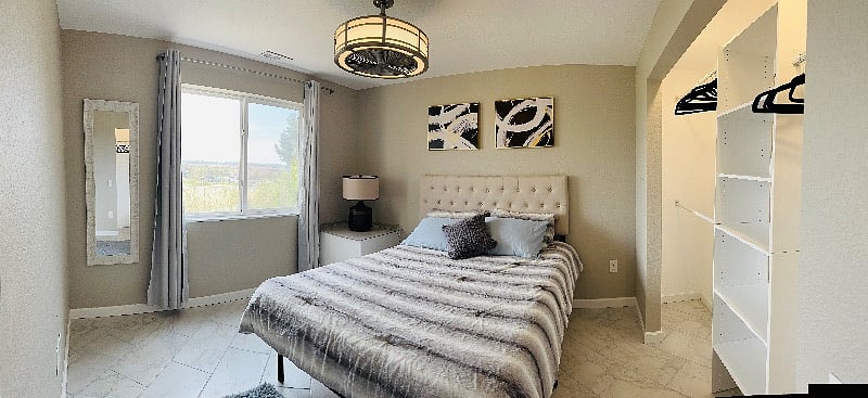 Bedroom #1 with large lighted closet; blackout curtains