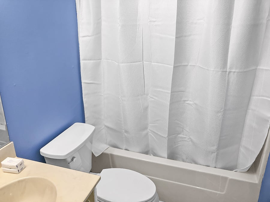 The master bedroom's en-suite bathroom features a bathtub, toilet, sink, and a white shower curtain.