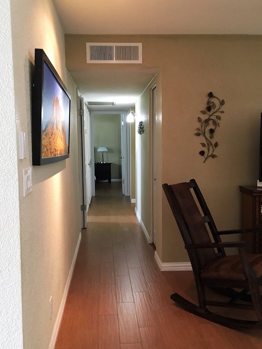 The hallway from the living room to the bedrooms.