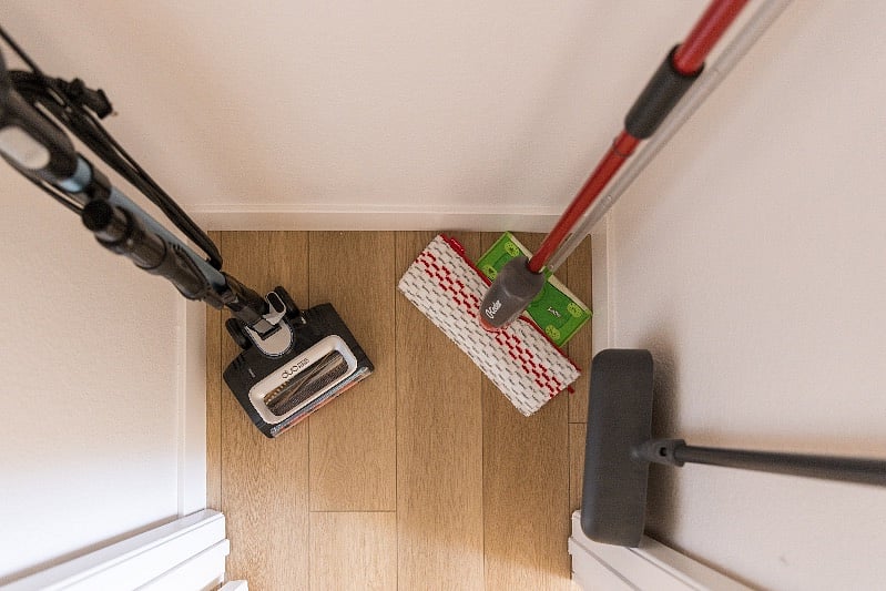 Hall closet with cleaning supplies to freshen up during your stay