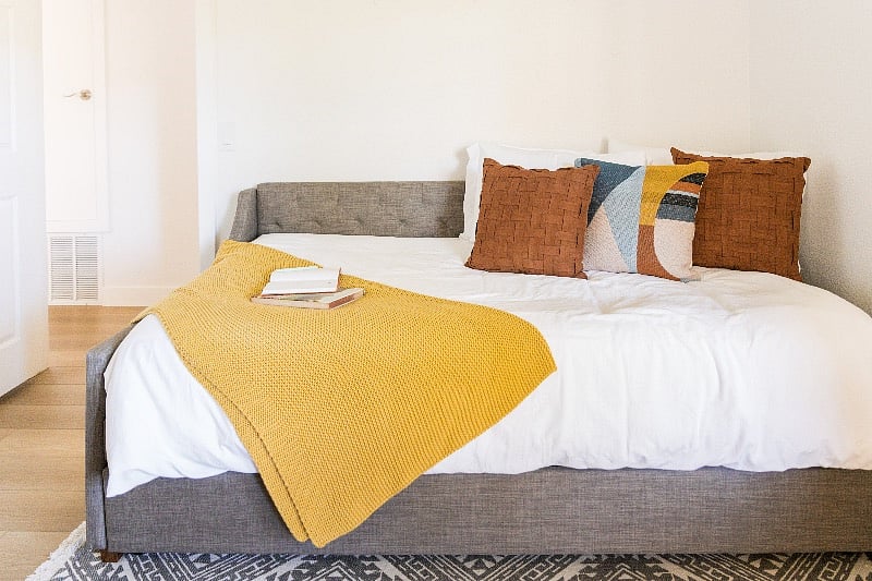 Front bedroom equipped with memory foam twin mattress on the day bed and trundle.