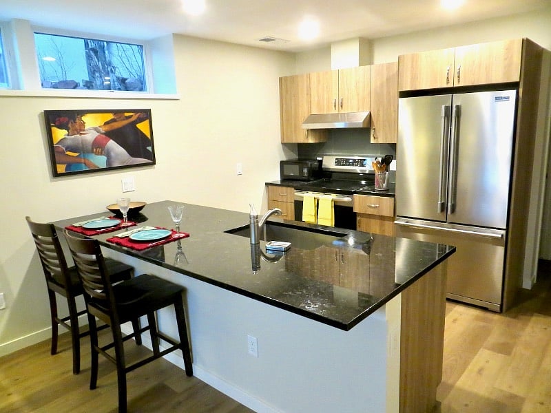 Full kitchen with dish washer, granite counter tops, induction stove (vents to exterior of house)