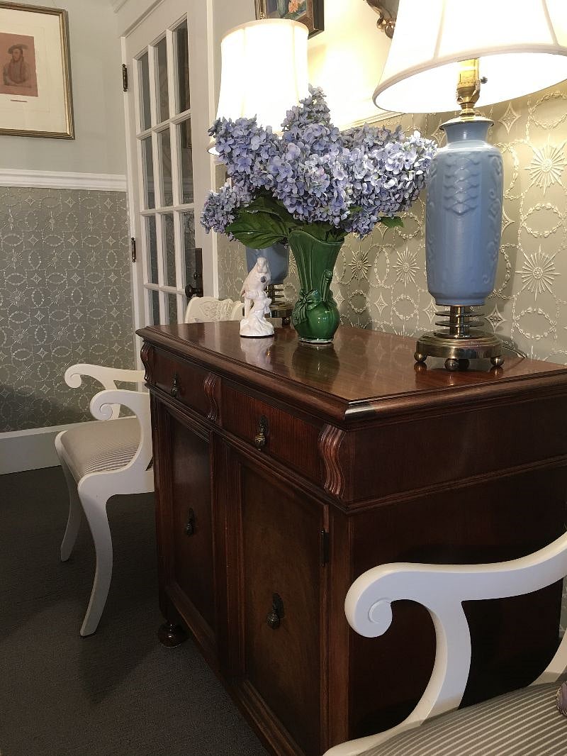 Dining Room - Antique Buffet. Vintage pottery vase with silk Hydrangeas. 