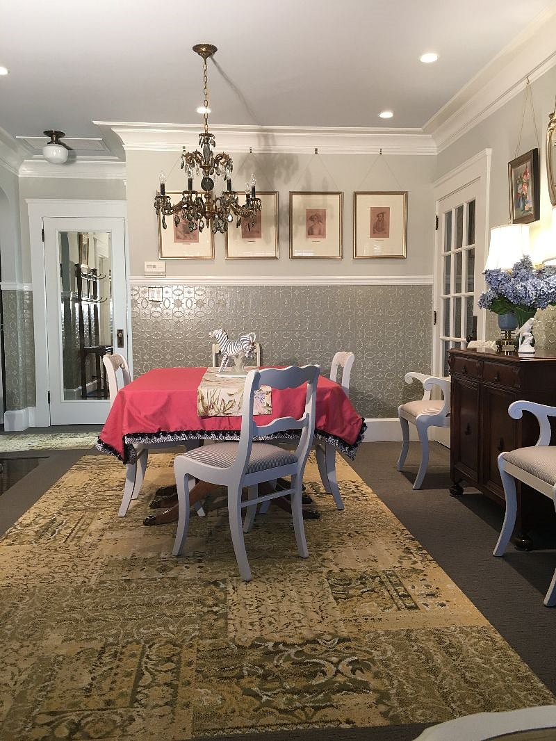 Dining Room - Dining table convenient to Kitchen.  Professionally decorated. Custom painted Lincrusta wainscotting, Hans Holbein prints custom framed, Coat Closet, Hall Stand, hardwood floors, FLOR carpet, antique (restored) chandelier with smoked crystals. LED dimmable lighting replicates daylight.