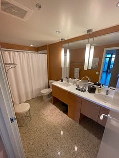 Two sinks in bathroom with handicap grab bars in the shower