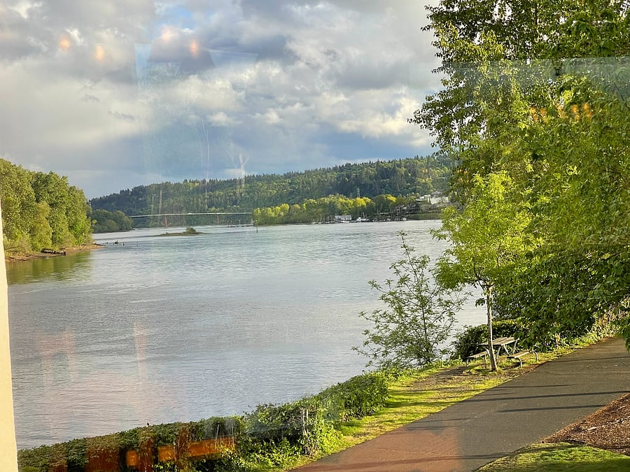 View from upstairs table at Spaghetti Factory of the Willamette River and the Bald Eagles that fly around at sunset