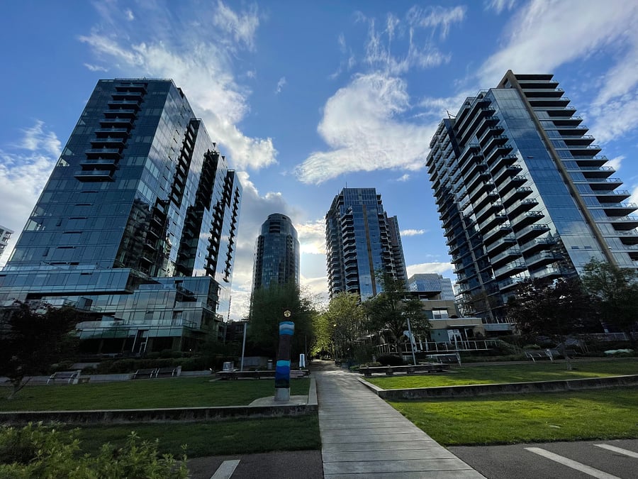 High Rise Condos at South Waterfront with the John Ross in the middle- view from River Walking path