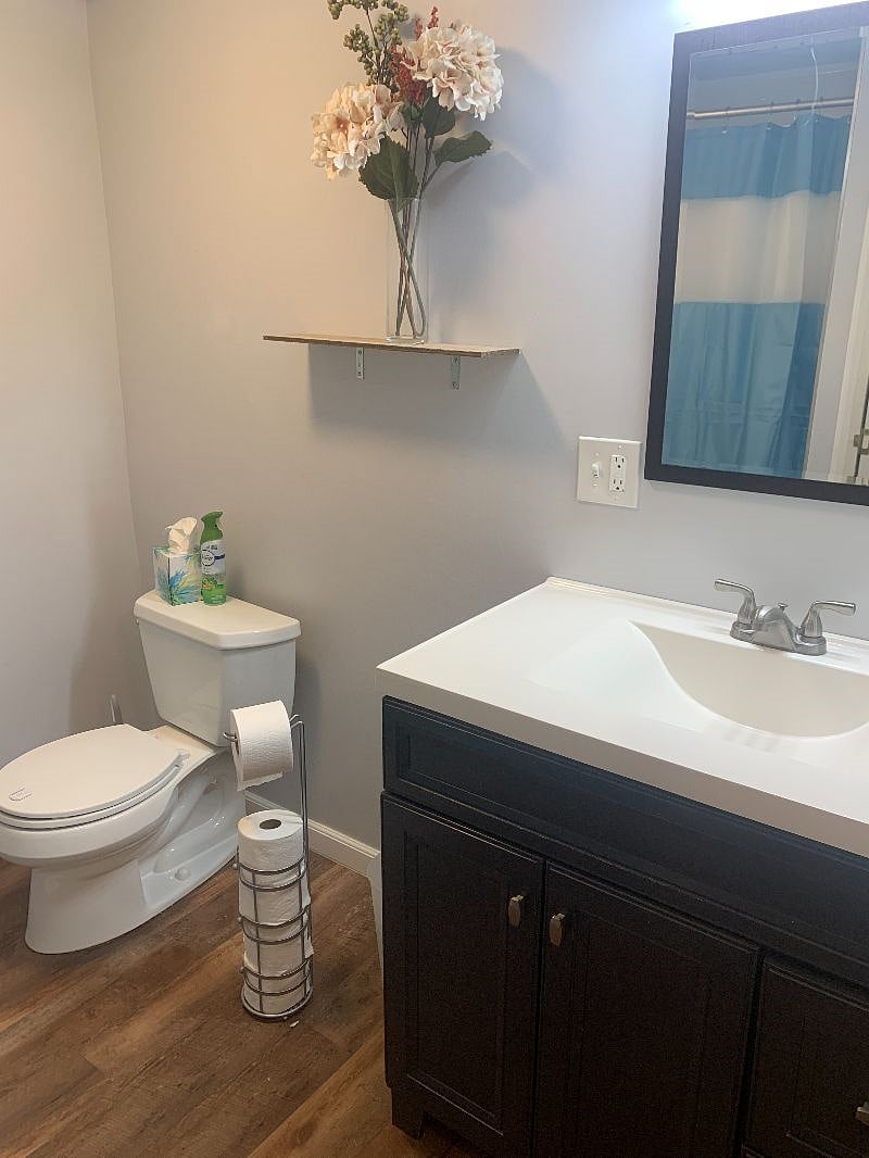 Spacious bathroom with modern fixtures.