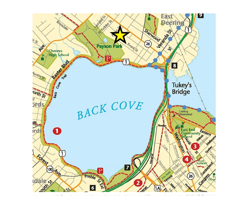 Home is adjacent to Payson Park and Back Cove - walk right to park and cove paths - see Gold Star.