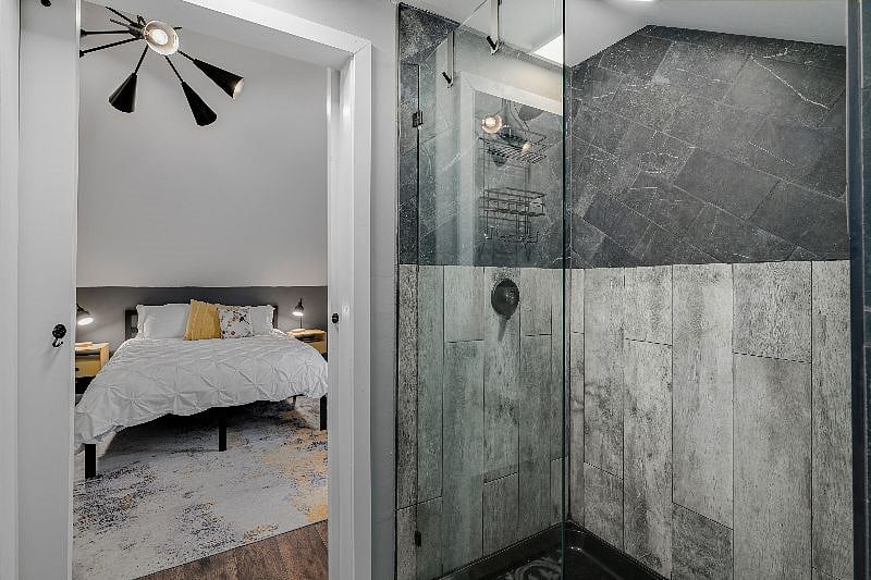 High-pressure spacious standup shower in this zen space
