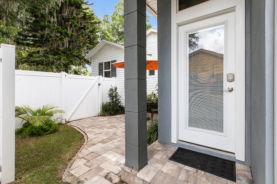 Large bedroom with private entrance and huge walk-in shower and bathroom in the room. Beverage center, closet, king size bed. Designer furnished. Short cut to the pool.