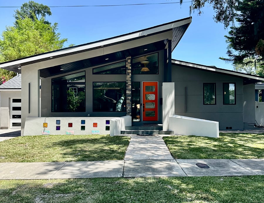 The front of our shared home. Architect designed and recently expanded and remodeled in June 2026.