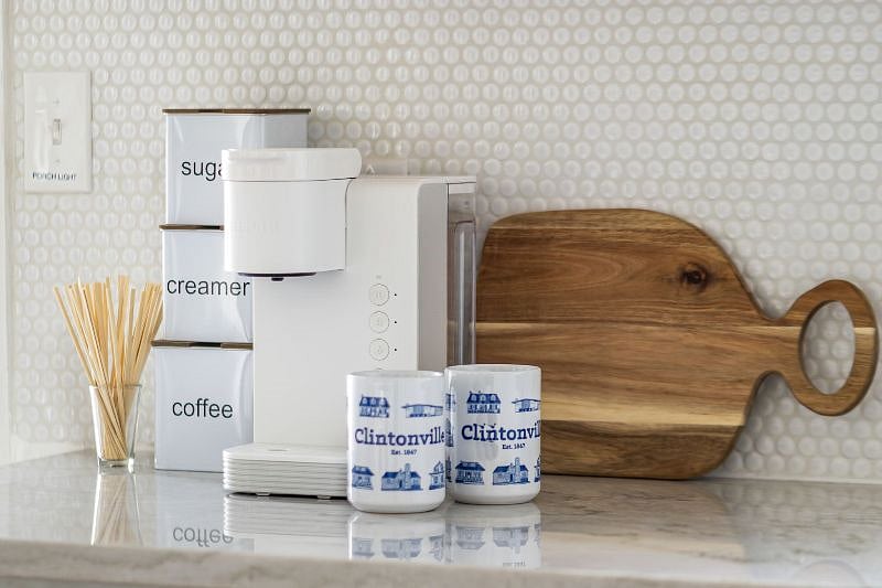 Keurig coffee maker with starter coffee supplies. French Press and Kettle available as well.