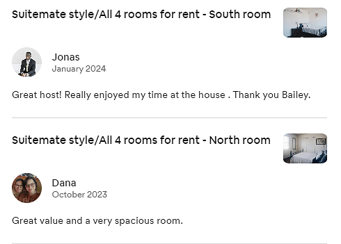 My wife and I have been hosting guests since March of 2023 and have received great feedback and reviews. Here are a few of them.