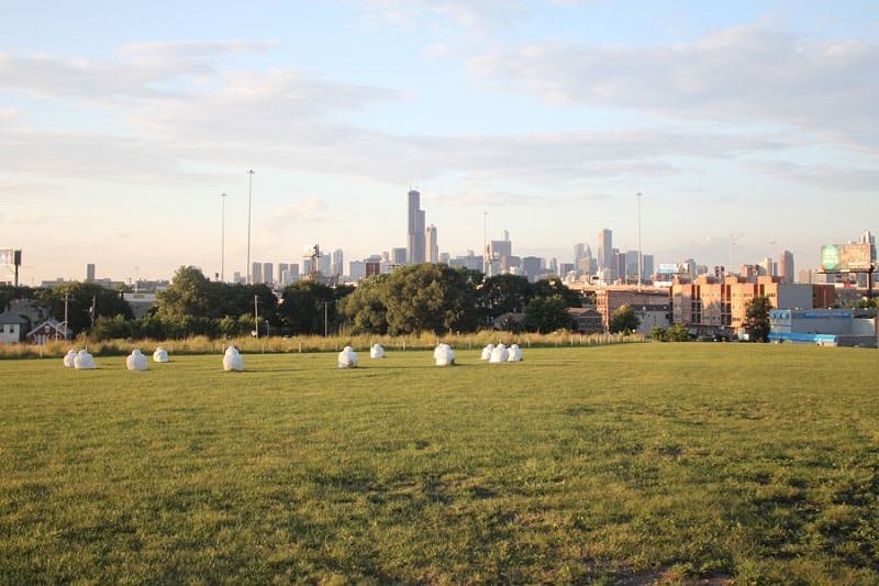 View of the skyline from top of hill in Palmisano Park two blocks away