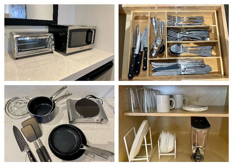 Kitchenette is stocked with cooking essentials.  And includes microwave, toaster oven, single burner electric cooktop, mini fridge, small freezer located in front closet.  Mini-K Kuerig coffee maker