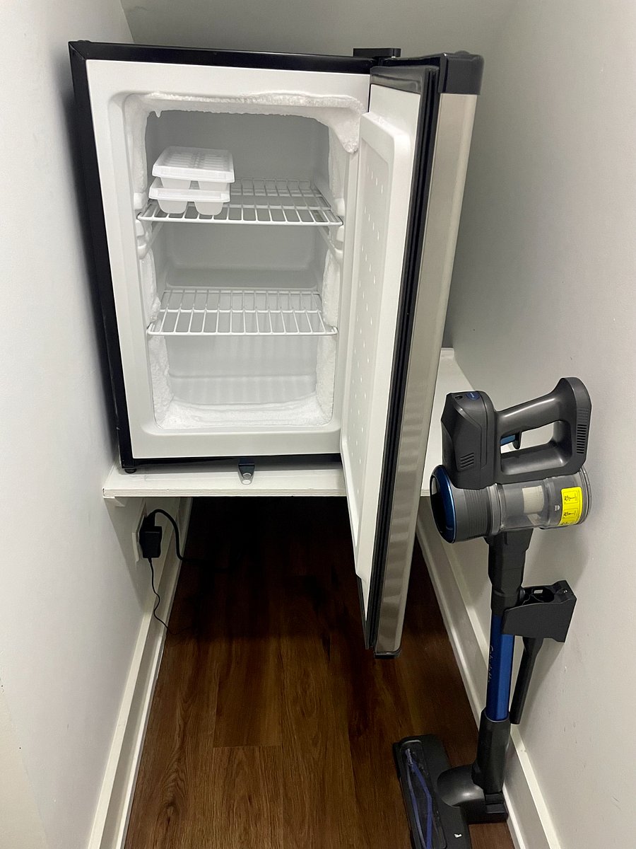 Freezer in front closet with 2.1 cu ft of interior space. Convenient cordless vacuum.