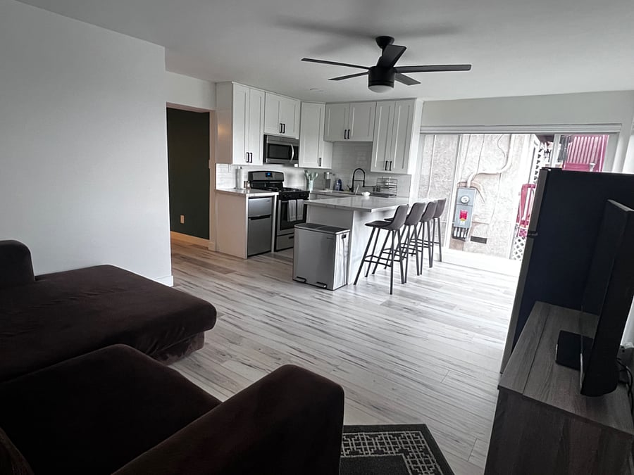 View from the front entrance into the kitchen/living room.