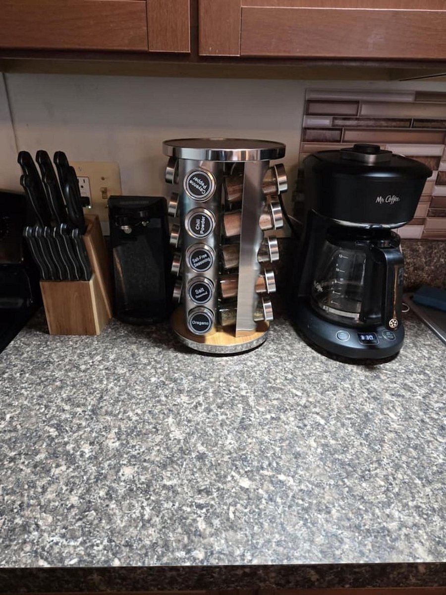 Kitchen Coffee Maker, Knives, and Spice Rack
