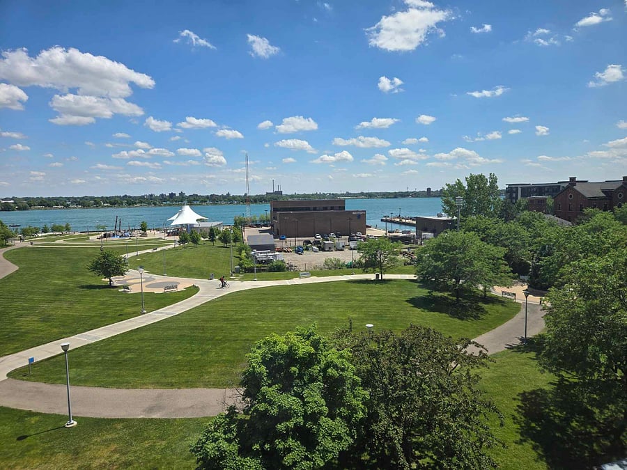 View of Mt. Elliott Park, Detroit Riverwalk, and Windsor, Canada