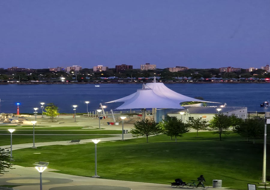 View of Mt. Elliott Par, Detroit Riverwalk, and Windsor, Canada at night
