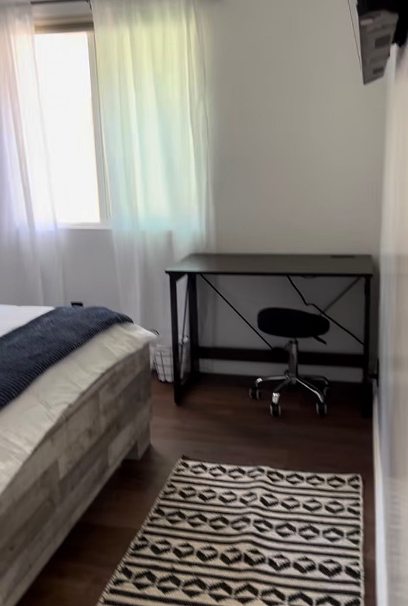 Collapsible desk with outlets for computer.