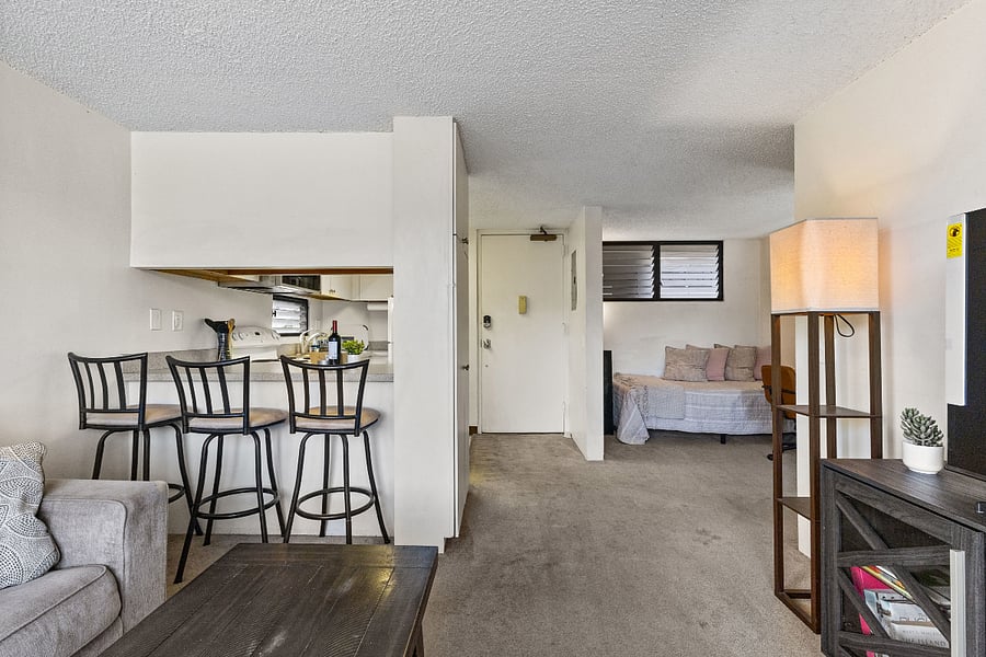 Living room, kitchen and den. Additional twin bed.