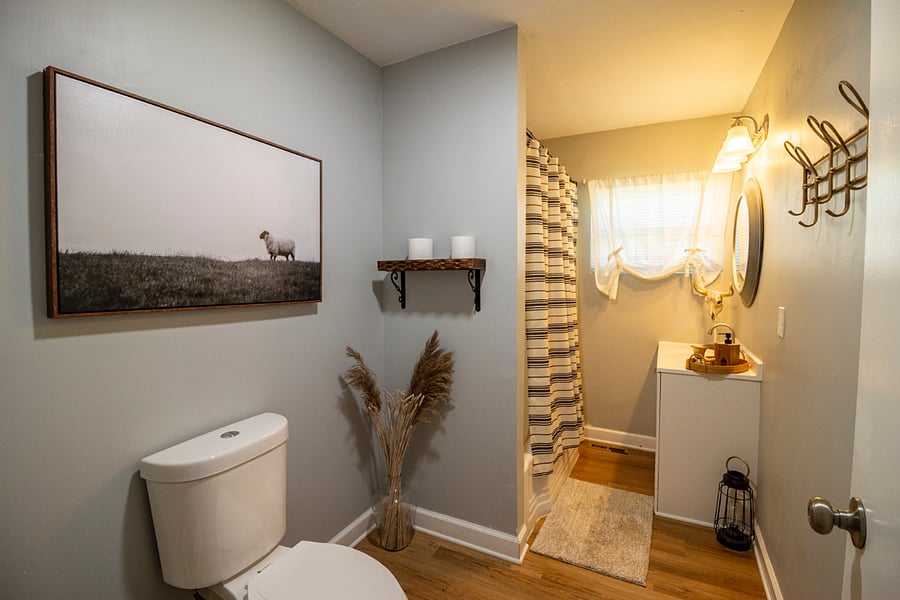 Updated Bathroom with Storage & shower essentials. Towels provided, natural light, Guest-ready.