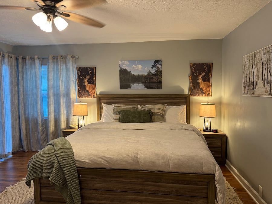 Private King Bedroom with soft lighting and closet. Peaceful & warm relaxing vibe.