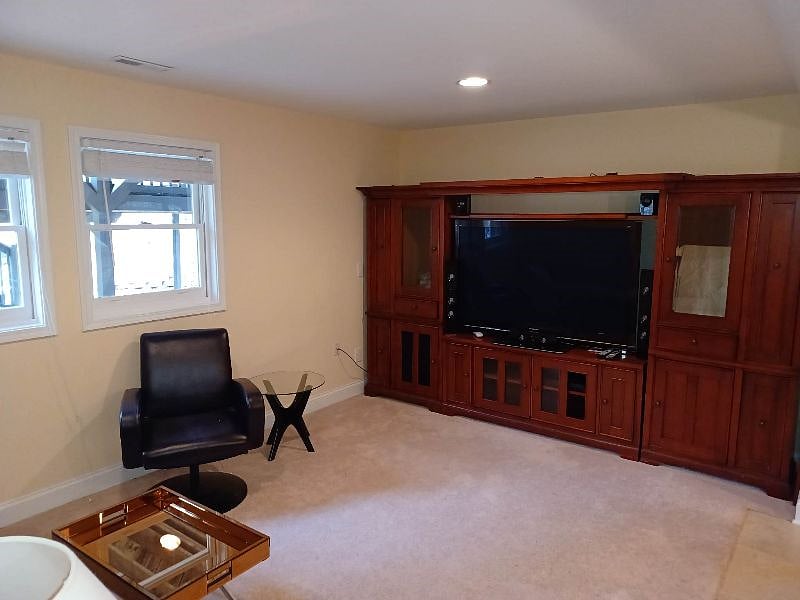 Carpeted side room with full size couch, large television, DVD player and DVDs.