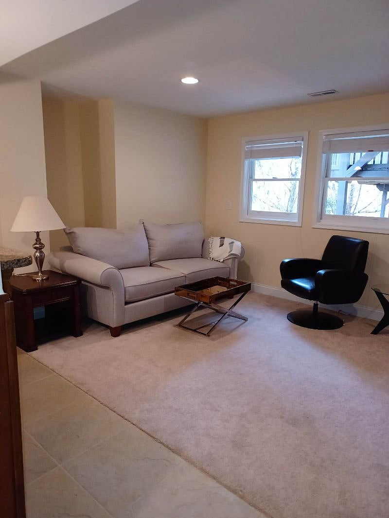 Room off the kitchen with seating, carpeting and lighting.