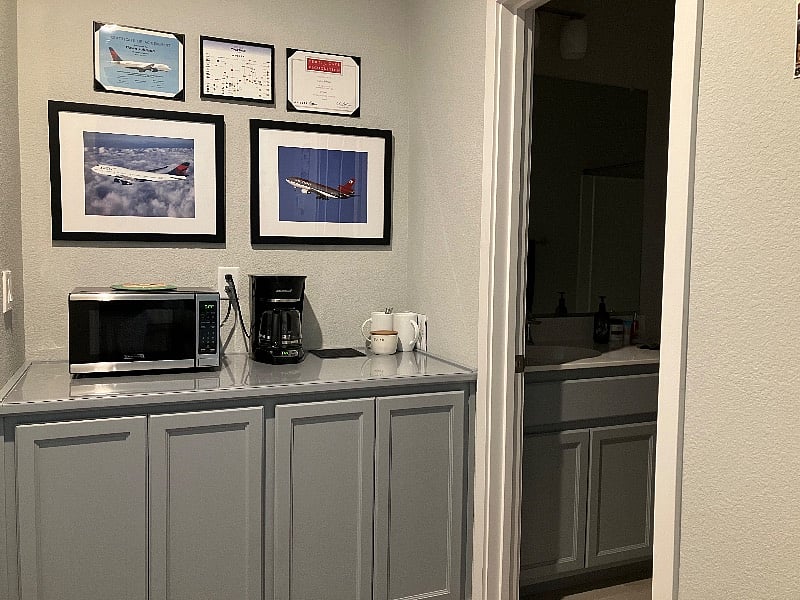 Coffee maker, microwave, and mini fridge