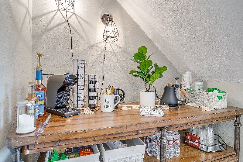 Fun and fully stocked coffee/refreshment
bar.