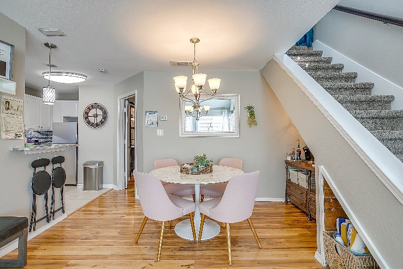 Open stairs to upper loft king bedroom.