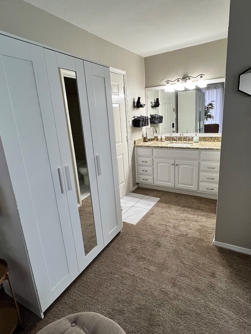 Upper level has a great area for getting ready for work or a night out. Lots of storage and large, bright vanity.