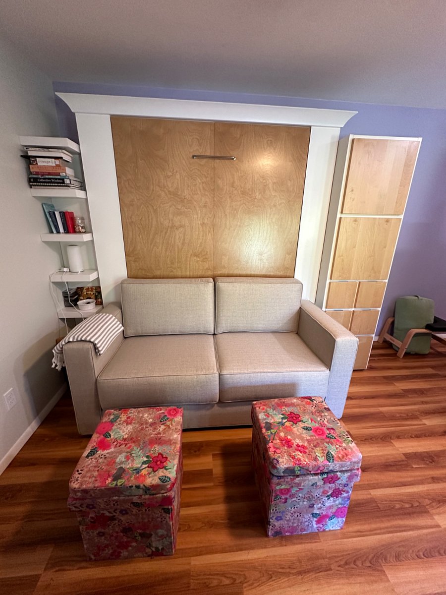 Murphy sofa wall bed, custom made in the USA, all premium materials. The sofa is dense foam, very comfy. remove cushion to pull down bed right over sofa.