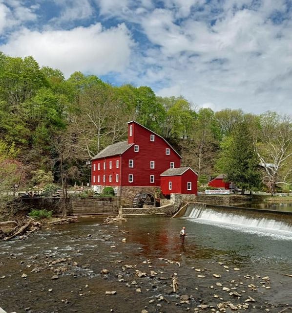 Beautiful old red mill is a historic site located in downtown Clinton
